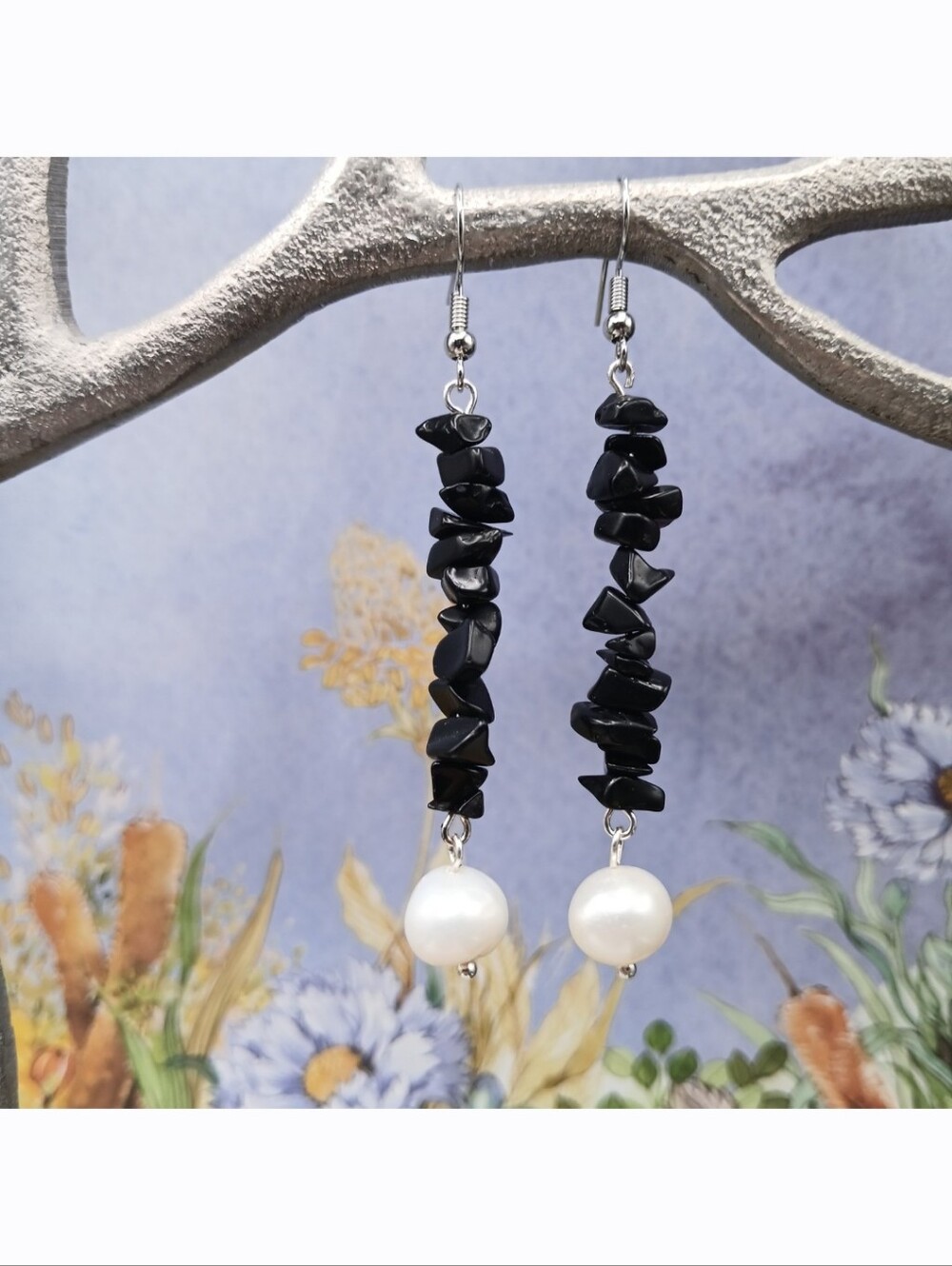 Handmade Black Onyx Semi-Precious Stone Cultured Pearl Bead Dangled Earrings